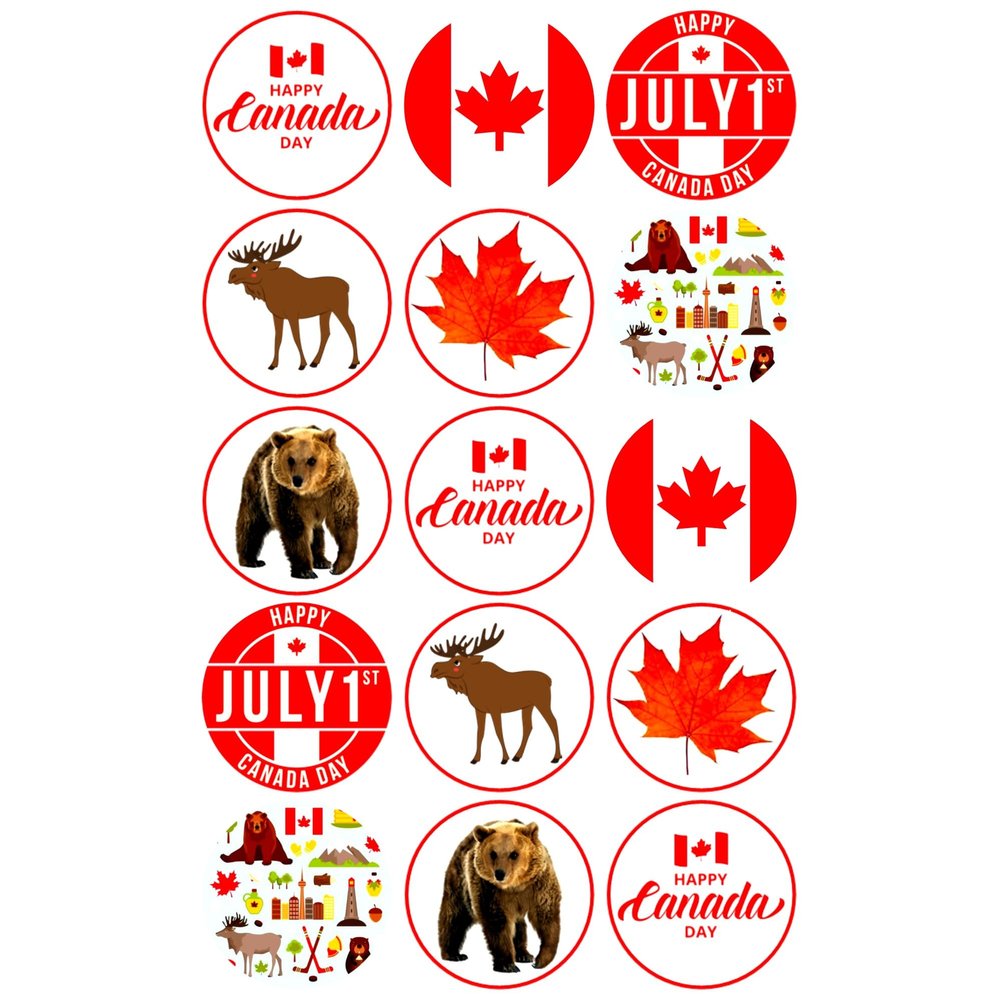 15 x Canada DAY Mix Edible Wafer or Icing Cupcake Topper Fun Celebration Party Cake Decorations Perfect For Brownies Cookies Muffins & More! (Edible Wafer Card)