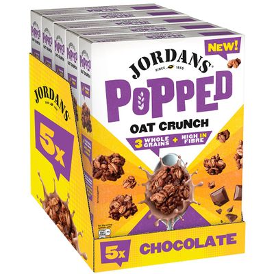 JORDANS Popped Oat Crunch Chocolate, Breakfast Cereal, High in Fibre, Whole Grains, Vegetarian, Adult and Kids Cereal, 5 Pack of 425 g