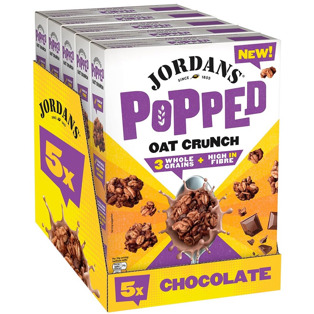 JORDANS Popped Oat Crunch Chocolate, Breakfast Cereal, High in Fibre, Whole Grains, Vegetarian, Adult and Kids Cereal, 5 Pack of 425 g