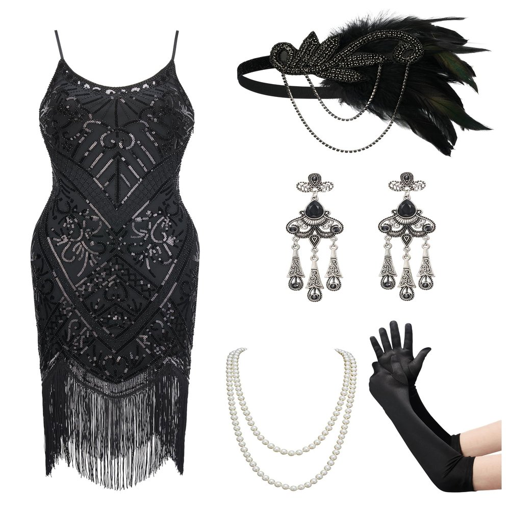 YESSA Women's Flapper Dresses 1920s,Great Gatsby Dresses Sequin Fringe Cocktail Dress Roaring 20s Dress for Harlem Nights, Black, Large