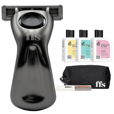 Shaving Set for Women - Ultimate Travel Shaving Set with Black Travel Razor, Razor Cover, mesh Bag, Shaving Cream, Body Scrub, & Body Cream - Travel razor Kit for Sensitive Skin by FFS Beauty
