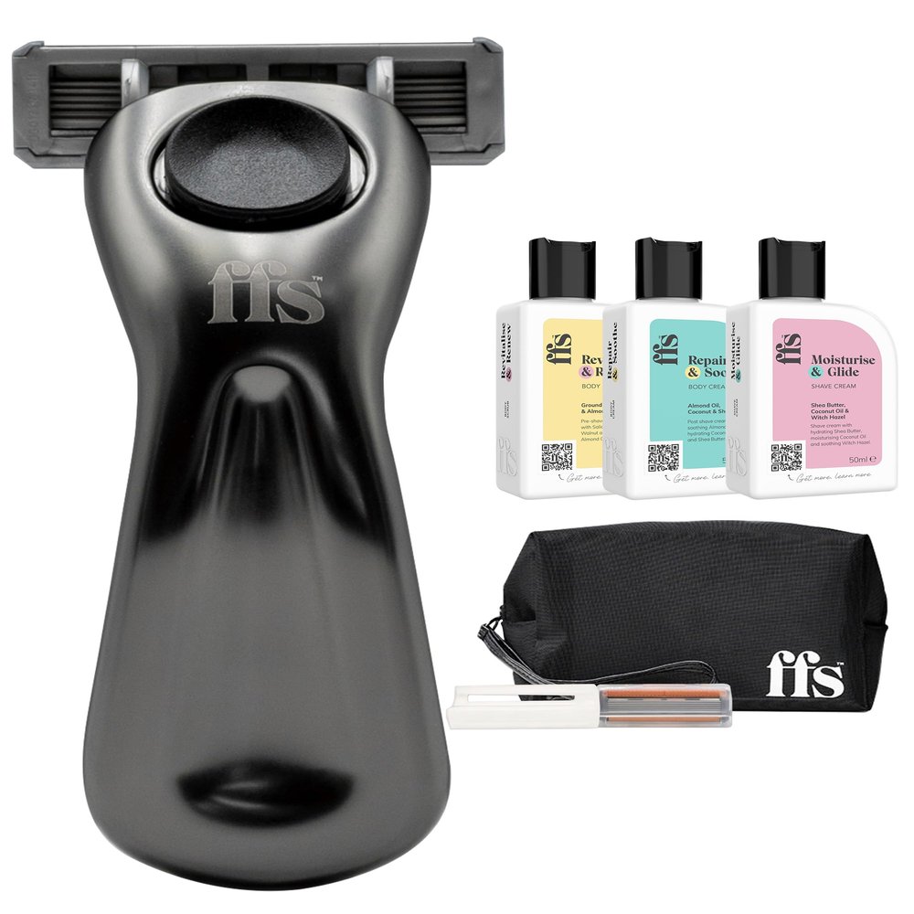 Shaving Set for Women - Ultimate Travel Shaving Set with Black Travel Razor, Razor Cover, mesh Bag, Shaving Cream, Body Scrub, & Body Cream - Travel razor Kit for Sensitive Skin by FFS Beauty