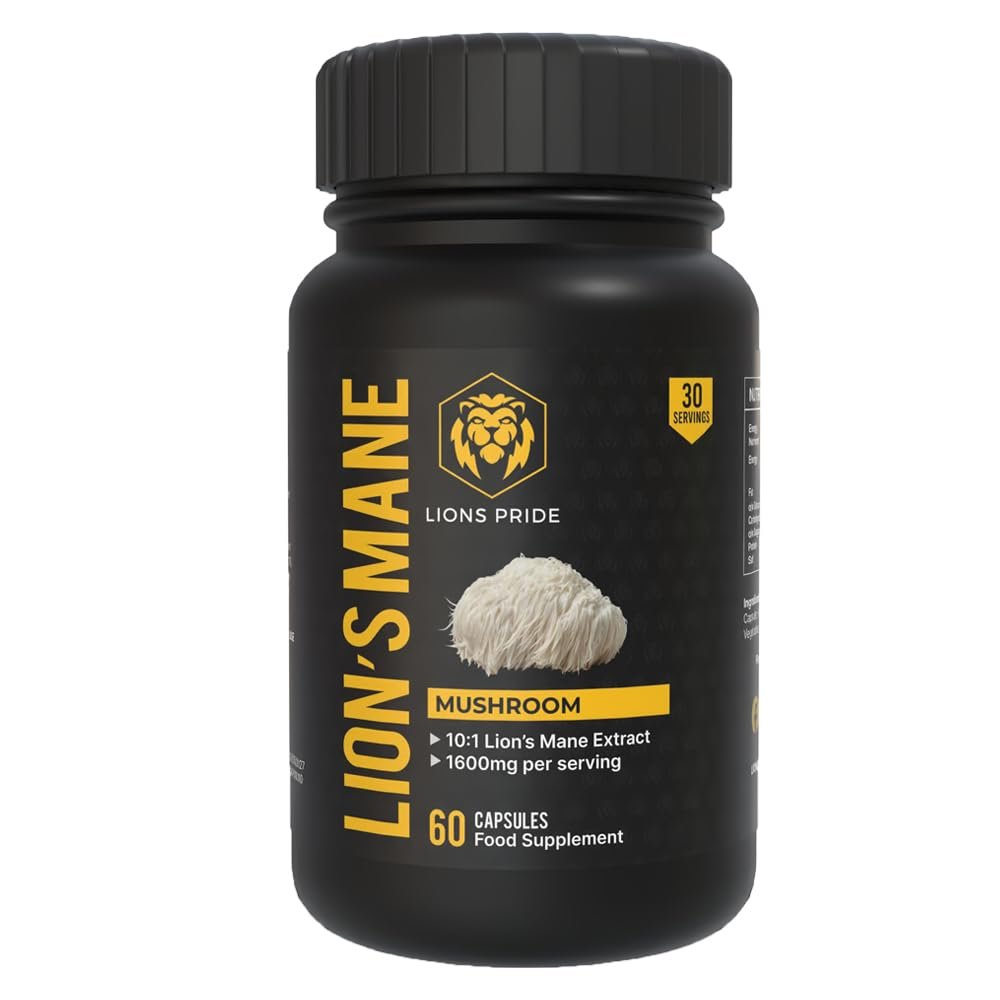 Lions Pride Lions Mane Capsules, Food Supplement 10:1 Extract, High Strength Mushroom Powder, 60 Capsules