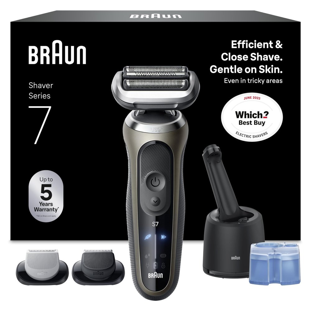 Braun Series 7 Electric Shaver for Men, Wet & Dry Shave, Waterproof Foil Shaver with Beard Trimmer & Body Groomer plus Clean & Charge SmartCare Center, Engineered in Germany, Gold, 72-C7650cc