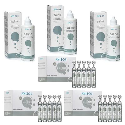 Avizor Saline - Mega Savings Pack - 3 Bottles of 350ml + 3 Boxes of 30x5ml - Saline Solution to Rinse, Hydrate, and Care for Your Contact Lenses.
