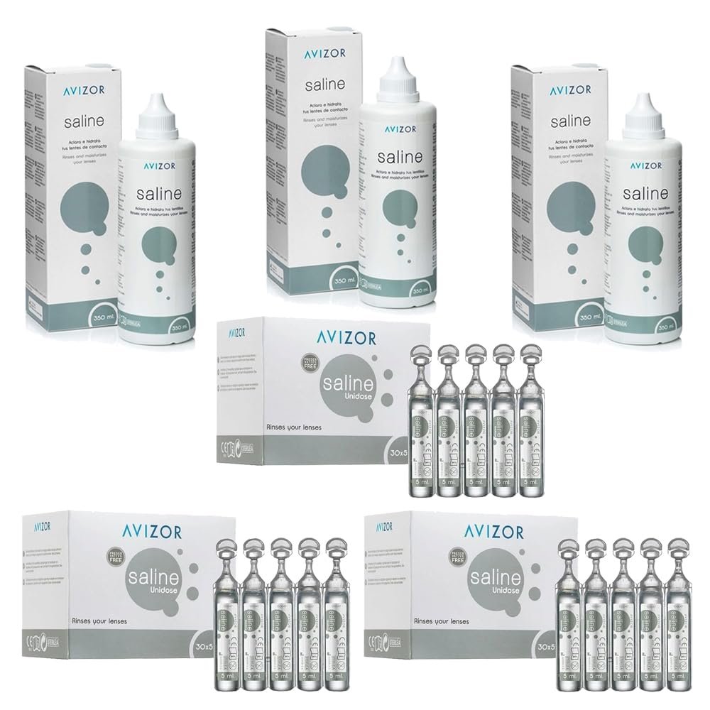 Avizor Saline - Mega Savings Pack - 3 Bottles of 350ml + 3 Boxes of 30x5ml - Saline Solution to Rinse, Hydrate, and Care for Your Contact Lenses.