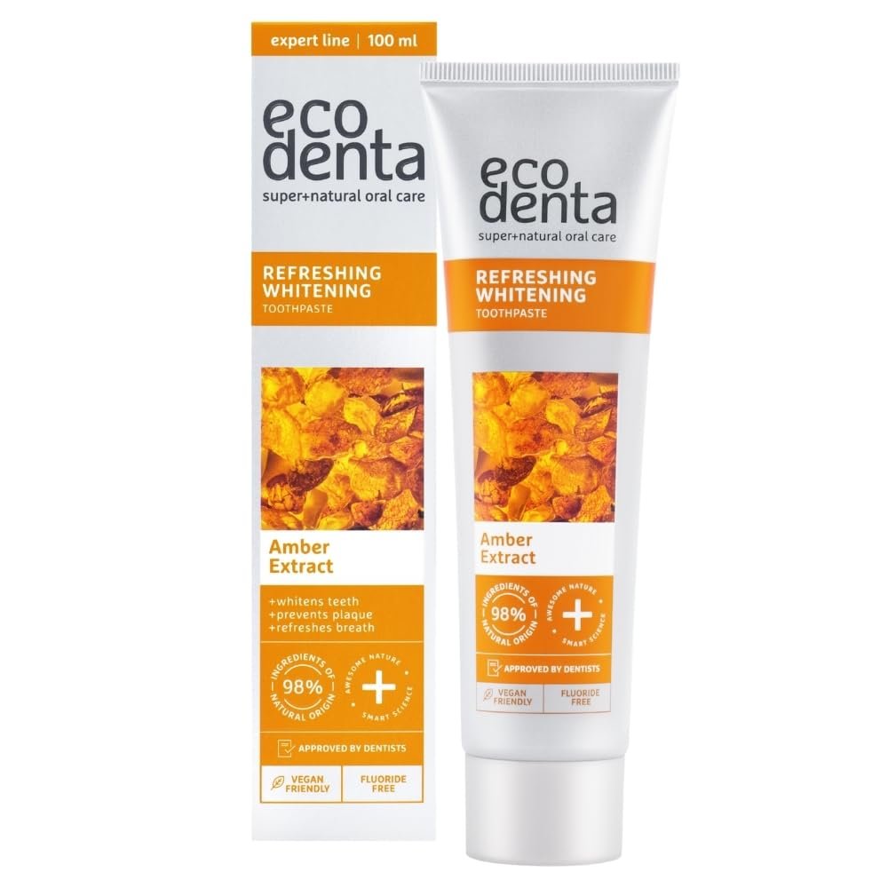 Ecodenta Amber Whitening Toothpaste Fluoride-Free I Tooth Whitening Paste, Eliminates Bad Breath, Improves Oral Health and Prevents Plaque I Recommended by Dentists and Vegan-Friendly, 100ml