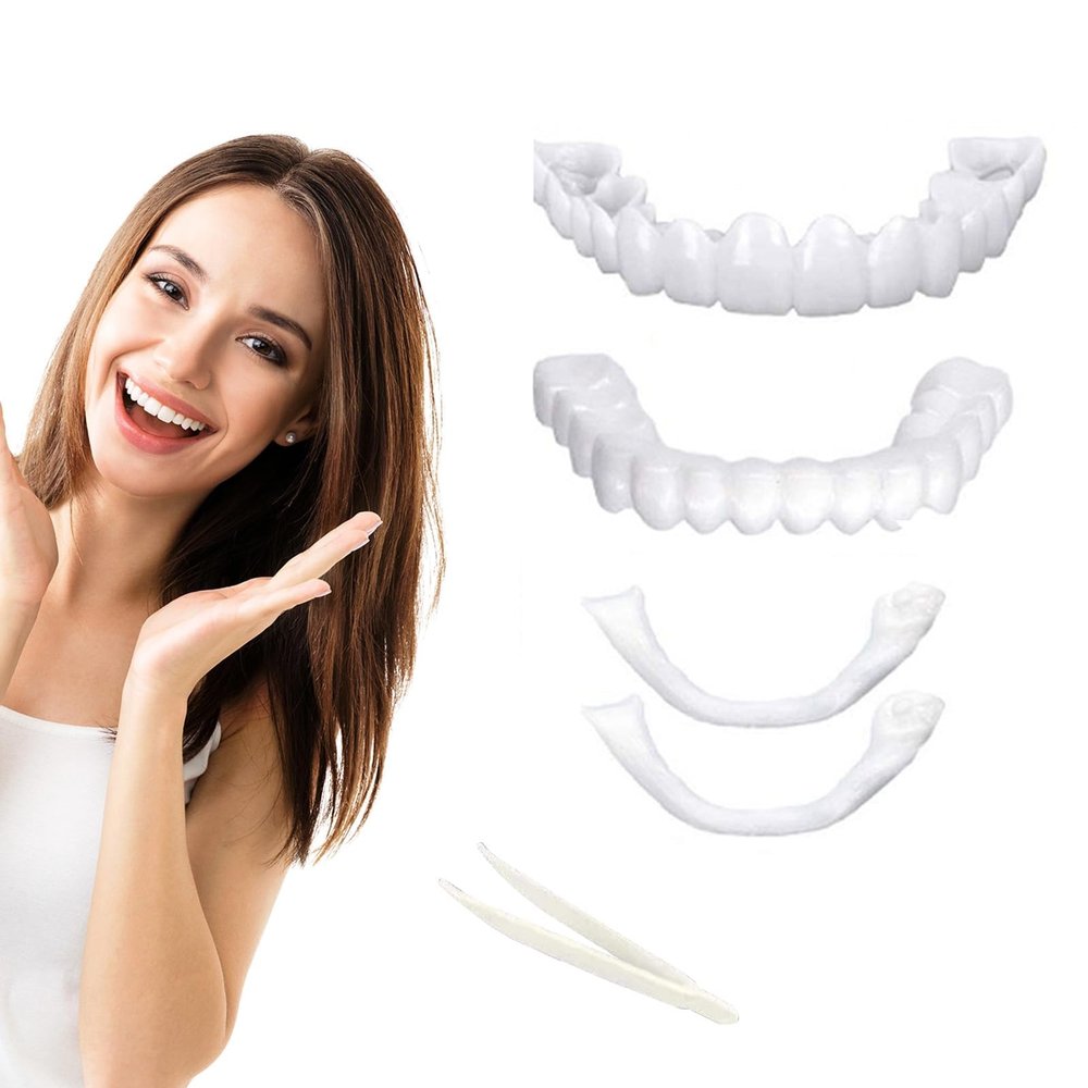 2 Pairs Instant Veneers Dentures Cosmetic Teeth Temporary Denture Silicone Top and Bottom, Clip in Veneers Teeth False Teeth Repair Kit for Men and Women with Bad Teeth