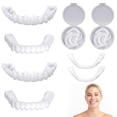 2 Pairs Instant Veneers Dentures Fake Teeth Braces Cosmetic Tooth Covers Whitening Artificial, Clip in Veneers Teeth Top and Bottom Temporary Dentures Silicone for Man and Women, One Size
