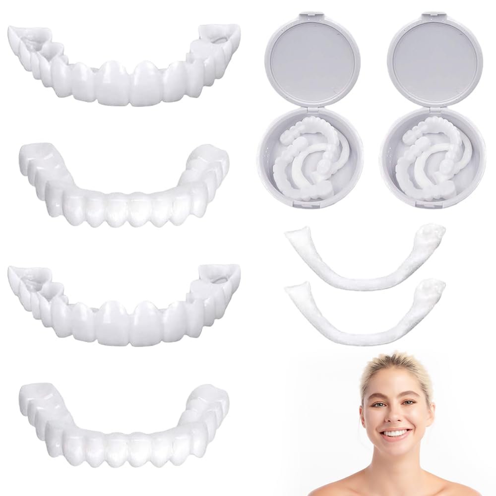2 Pairs Instant Veneers Dentures Fake Teeth Braces Cosmetic Tooth Covers Whitening Artificial, Clip in Veneers Teeth Top and Bottom Temporary Dentures Silicone for Man and Women, One Size