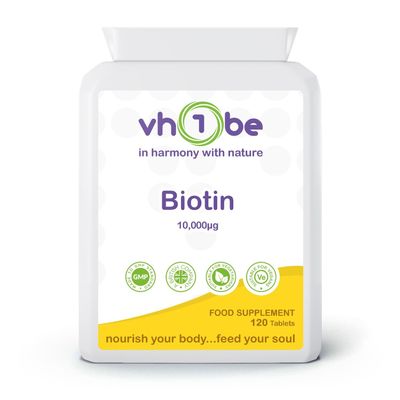 Biotin 10,000g High Strength  120 Vegan Tablets | Hair, Skin, Nails & Metabolism Support | Non-GMO | UK Made to GMP Standards | Beauty Supplement by vh1be