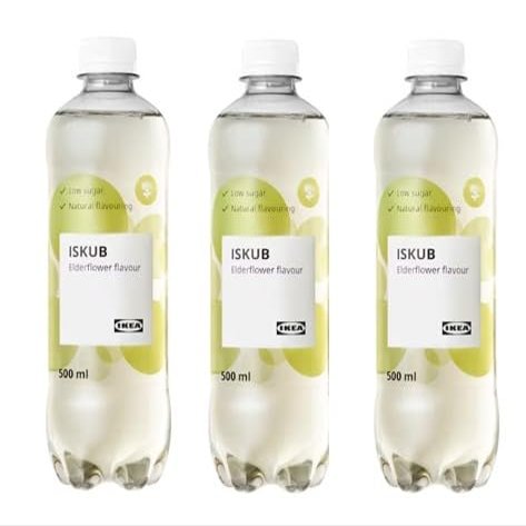 Pack of 3: Iskub Carbonated soft drink, elderflower flavour/with less sugar and sweeteners, 3 x 500 ml