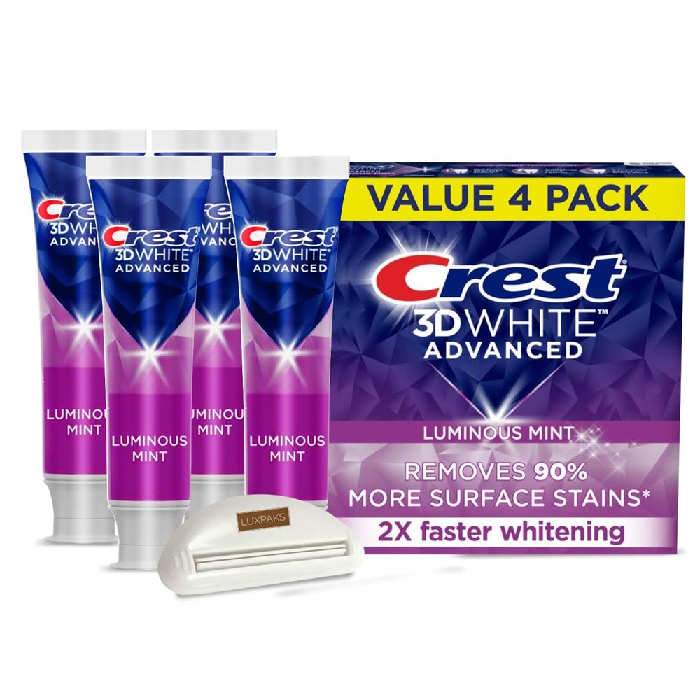 CRST 3DWhite Advanced Luminous Mint Teeth Whitening Toothpaste, 4 Pack of 3.7 oz - Whitens After 1 Brush Bundled with LUXPAKS Toothpaste Squeezer
