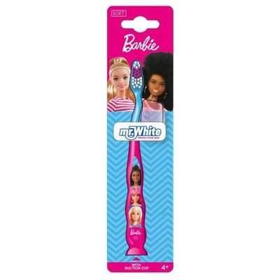 Barbie Little Teeth Toothbrush for Kids with Protection Cap, Soft Rounded Bristles, Comfortable Handle Grip and Suction Cup for Upright Storage for Children Ages 3+