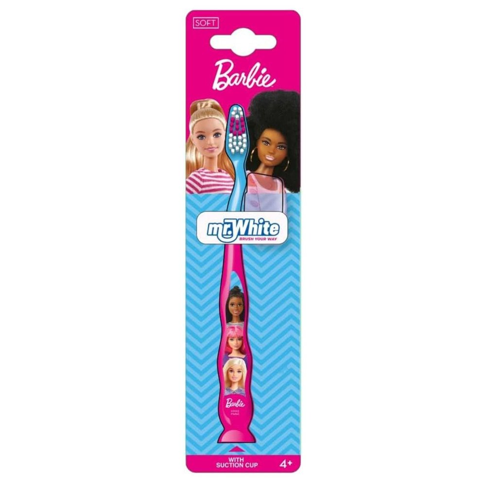 Barbie Little Teeth Toothbrush for Kids with Protection Cap, Soft Rounded Bristles, Comfortable Handle Grip and Suction Cup for Upright Storage for Children Ages 3+