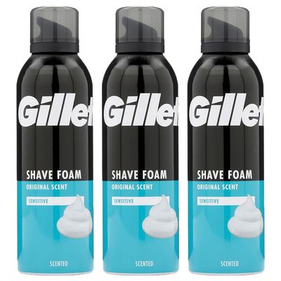 Gillette Men Shaving Foam Sensitive Skin Original Scent Clean Shave 200ml Pack of 3 Soft Face Body Aloe Vera Mousse Compatible with Gillette Razor with Welari Thank You Card | (3pack) (3 x 200ml)