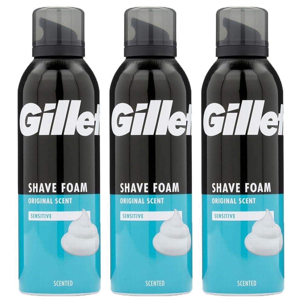 Gillette Men Shaving Foam Sensitive Skin Original Scent Clean Shave 200ml Pack of 3 Soft Face Body Aloe Vera Mousse Compatible with Gillette Razor with Welari Thank You Card | (3pack) (3 x 200ml)