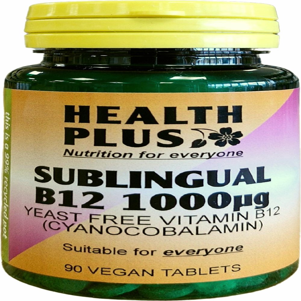 Health Plus Sublingual Vitamin B12 1000g (Cyanocobalamin) : Vitamin B12 Supplement : 90 Tablets, in a Planet-Friendly 99% Recycled Pot