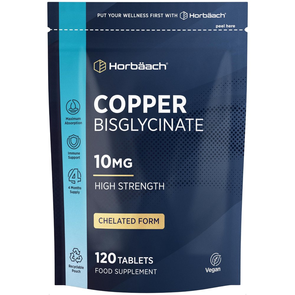 Copper Bisglycinate 10mg | Chelated Form | High Strength Copper Supplement | 120 Vegan Tablets | by Horbaach