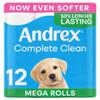 Andrex Complete Clean 12 Mega Toilet Rolls= 18 Standard Toilet Rolls, 50% Longer Lasting Paper with unique 3D Wave Texture for a Proven, Effective Clean, FSC Certified view 1
