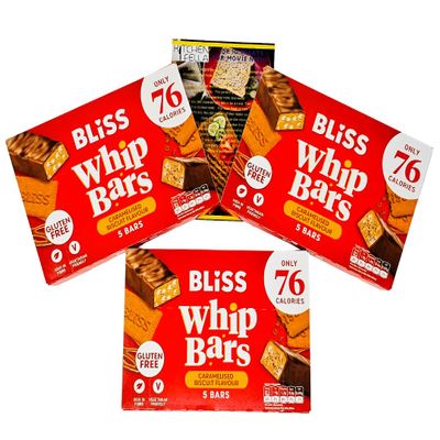 Bliss Whip Bars Gluten Free Caramelised Biscuit | Halal Low Calorie Snacks | High Fibre Vegetarian Cereal Bars | 3 x 5 Pack | With Kitchen Fella Movie Night Treats Guide | Less than 80 Calories
