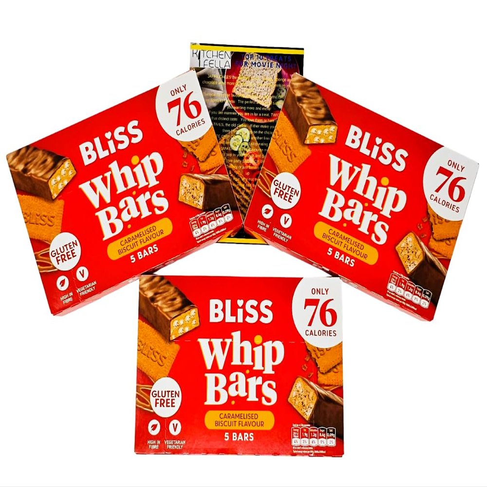 Bliss Whip Bars Gluten Free Caramelised Biscuit | Halal Low Calorie Snacks | High Fibre Vegetarian Cereal Bars | 3 x 5 Pack | With Kitchen Fella Movie Night Treats Guide | Less than 80 Calories