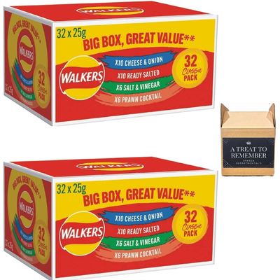 2x Walkers Crisps Variety Pack - Big Box of 32x25g contains 4 Different Flavours 32x25g Snack Packs - Total 64 Packs