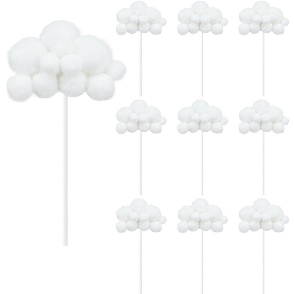 10pcs Cloud Cake Topper Plush Cloud Cupcake Toppers Yarn Ball Cake Dessert Picks Decoration For Baby Shower Birthday Wedding Party Supplies (White)