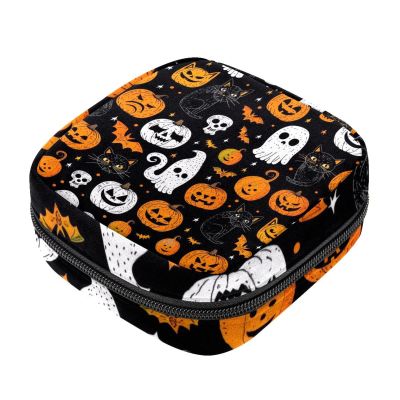 Period Bags for School, Sanitary Napkin Storage Purse, Zipper Menstrual Cup Pouch, Tampon Bags for Women Halloween Ghost Cat Pumpkin Bat