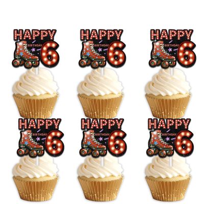 18pcs Red Glitter Neon Light Happy Birthday 6 Roller Skates Dessert Cupcake Topper Pick for 80s 90s Retro Hip Hop Roller Skating Theme Decor Supplies Boys Girls Happy 6th Birthday Party Decorations