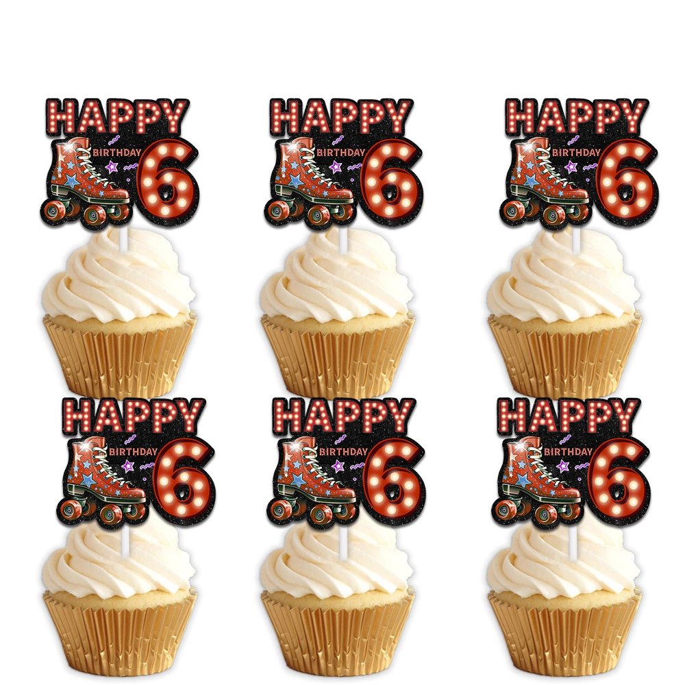 18pcs Red Glitter Neon Light Happy Birthday 6 Roller Skates Dessert Cupcake Topper Pick for 80s 90s Retro Hip Hop Roller Skating Theme Decor Supplies Boys Girls Happy 6th Birthday Party Decorations
