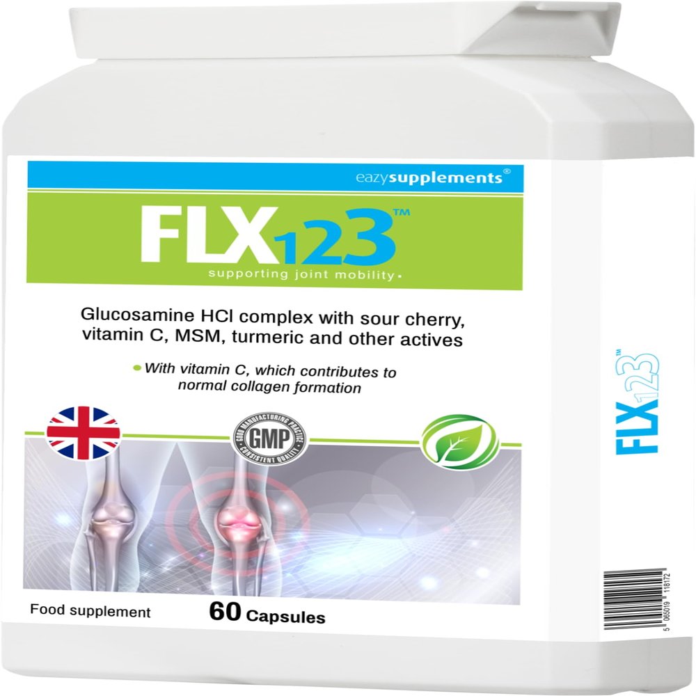 FLX 123 - Vitamin C, Turmeric, Glucosamine, Ginseng, Rosehip, Ginger Root, Montmorency Cherry. Super Strength Formulation Helps to Maintain Joint Health, Mobility and Hydration. Turmeric Tablets.