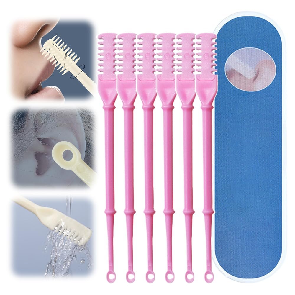 2-in-1 Nasal Hair Cutter, 2024 Newest Double Sided Nose Hair Knife, Rotating Nasal Hair Razor Cutter with Ear Picker for Women and Men, 360 Degree Rotating Manual Nose Hair Trimmer (Pink-6pcs)