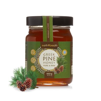 Earthbreath Pine Raw Greek Honey, 450g - Pure, Raw, Natural, Unfiltered, and Unpasteurized Honeydew Honey, High Mineral Content, Low Sugar, Perfect for Tea, Toast & Yogurt