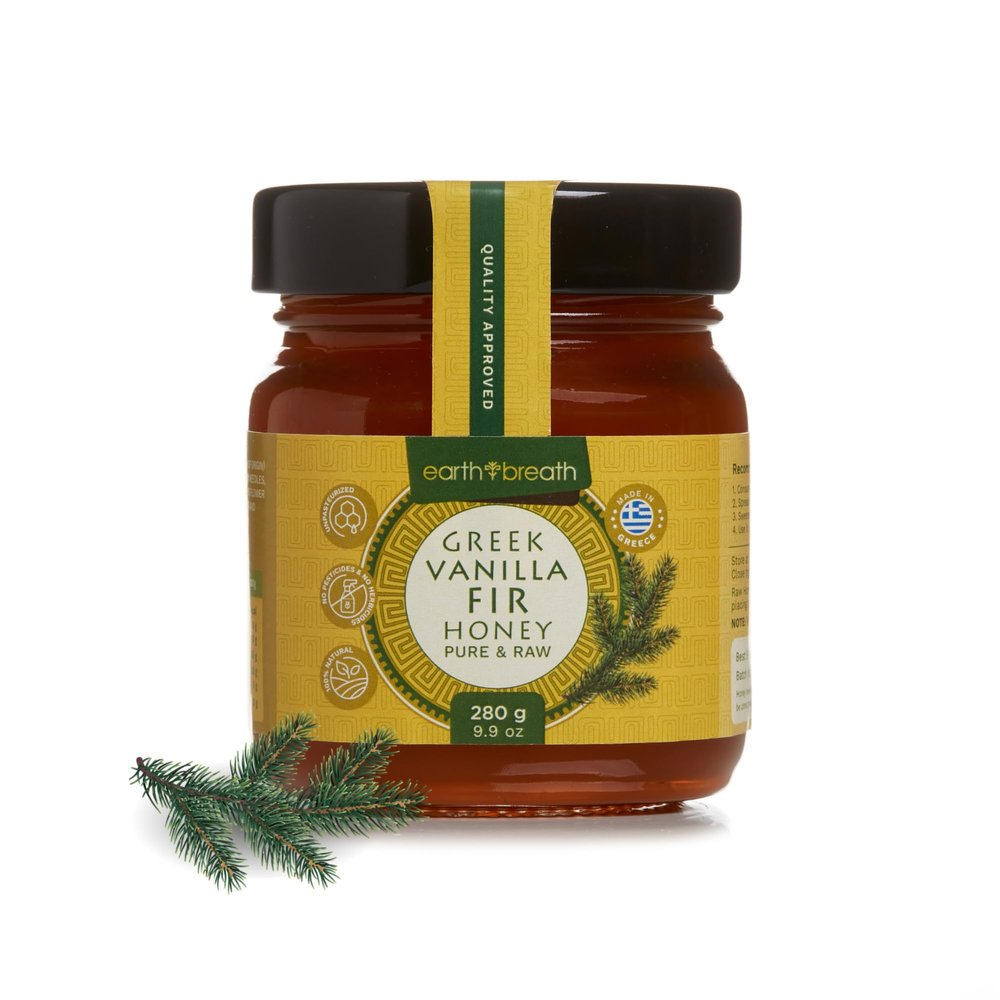 Earthbreath Greek Vanilla Fir Honey, 280g - Natural, Raw, Unfiltered, Unpasteurized Honeydew Honey with High Mineral Content, Soft Texture, Low Sugar Greek Honey Perfect for Tea, Toasts, Desserts