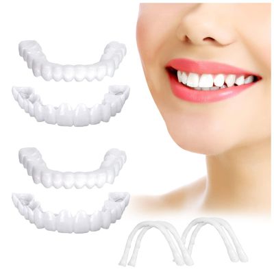 Wttfc Fake Tooth,2 Pairs Clip in Veneers Teeth Veneers Teeth Top And Bottom Set,Teeth Covers,Snap on Dentures Silicone Fake Teeth,Adjustable Snap on Dentures Covers Set for Men And Women