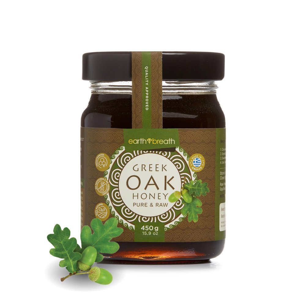 Earthbreath Raw Greek Oak Honey 450g - Pure Raw Natural High Nutritional Value Honey from Greece, Unfiltered, and Unpasteurized Honeydew Honey, Perfect for Yogurt, Porridge & Pancakes
