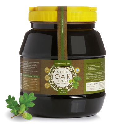 Earthbreath Raw Greek Oak Honey 3kg - Pure Raw Natural High Nutritional Value Honey from Greece, Unfiltered, and Unpasteurized Honeydew Honey, Perfect for Yogurt, Porridge & Pancakes