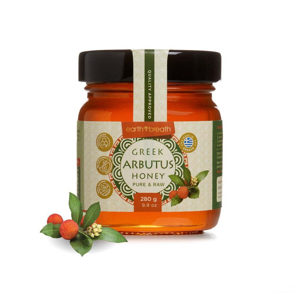 Earthbreath Greek Arbutus Raw Honey 280g - Pure, Natural & Unprocessed Crystalised Strawberry Tree Honey, Low-Sugar Bitter Honey, Unfiltered & Unpasteurised, Ideal for Toast, Porridge & Pancakes