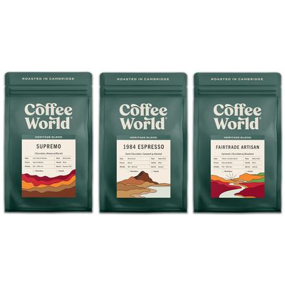 Coffee World, Espresso Enthusiast Bundle, Single Origin & Blends, Roasted in Cambridge, Whole Coffee Beans, Retail Bag (3 x 250g)