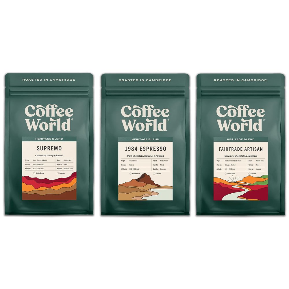 Coffee World, Espresso Enthusiast Bundle, Single Origin & Blends, Roasted in Cambridge, Whole Coffee Beans, Retail Bag (3 x 250g)