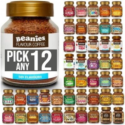 Beanies Flavoured Instant Coffee Pick Any 12 Jars (50g) from 38+ Blends Inc. Chai Latte, Nutty Hazelnut, Mocha, Creamy Caramel, Amaretto Almond, double chocolate, mince pie