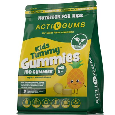 Kids Tummy 180 Vegan Gummies | For Aiding Gut Health | Vitamins C, B3, B5, B6, Chamomile 1000mg, 1.125 Billion CFU Probiotics, Xyiltol | Resealable & Recyclable Pouch | Suitable for Ages 5+ ActivGums