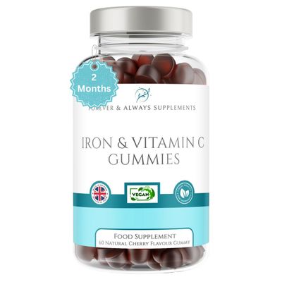Iron Supplement & Vitamin C Gummies Kids & Adults - Cherry Flavour Iron Gummies for Women, Men & Children Age 3+ - Tiredness, Fatigue, Cognitive Function, Immune System & Nervous System Supplement