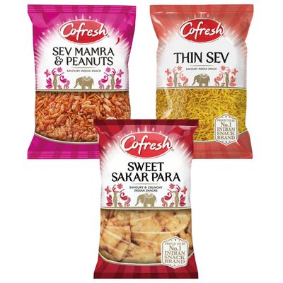 Indian Snack Varieties Bundle Pack with Cofresh Sweet Sakar Para 300g - 1 Pack | Cofresh Thin Sev 325g - 1 Pack | Cofresh Sev Mamra & Peanuts 200g - 1 Pack | Total 3 Pack