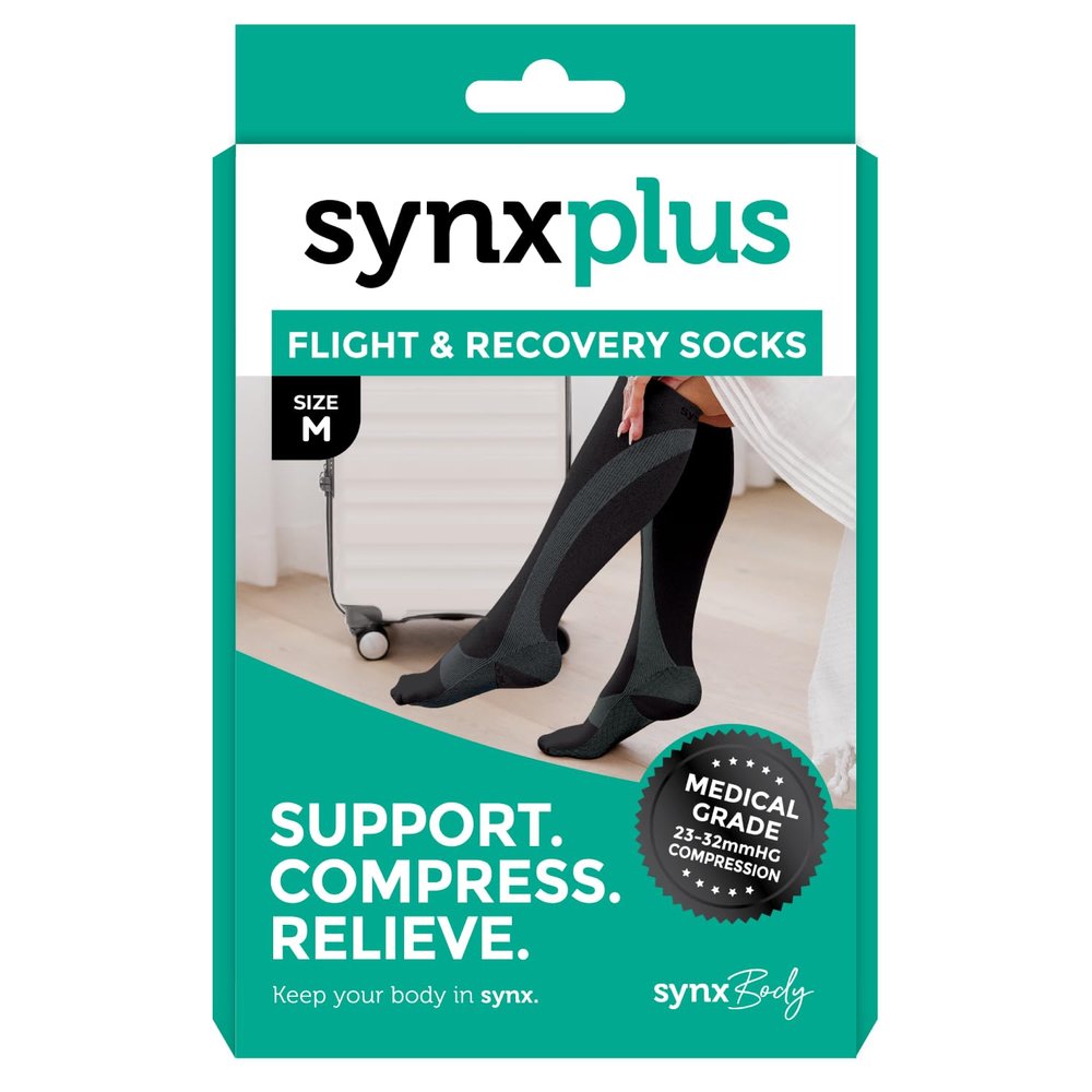SynxBody Flight Compression Socks for Women & Men (Class 2) - These Flight Socks Help Prevent Deep Vein Thrombosis (DVT) During and After Flight (Black, Large)
