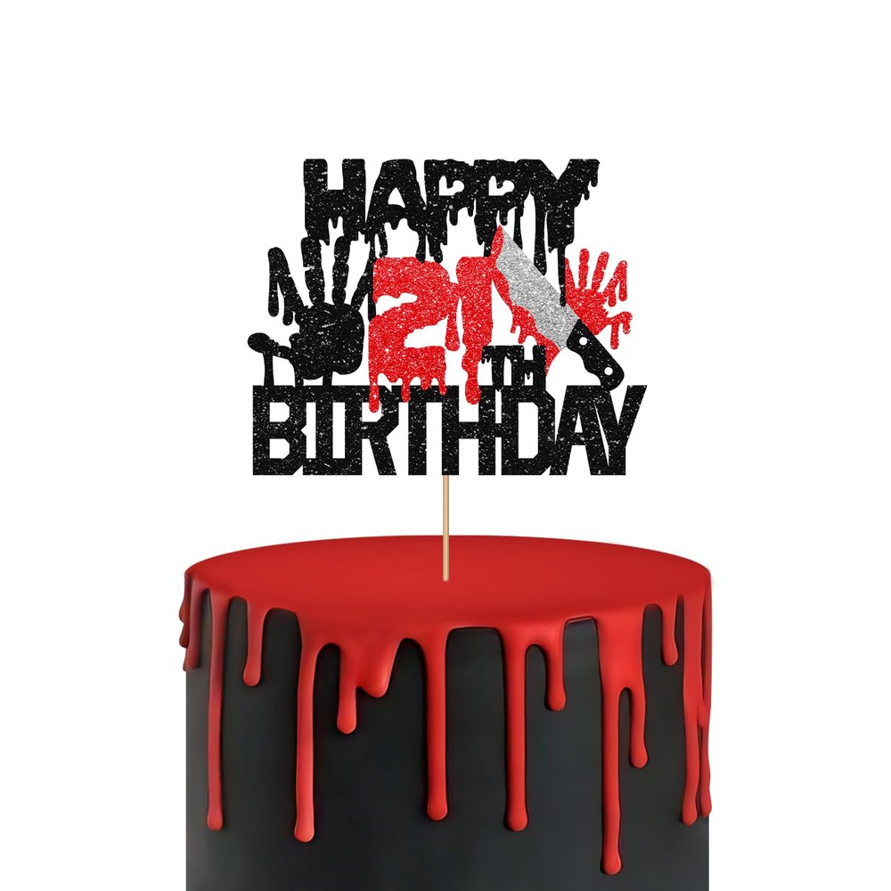 Killer Happy 21st Birthday Cake Topper, Zombie Bloody Friday Birthday Cake Decor, Black Glitter Have A Killer Birthday Cake Topper for kids, Halloween Horror Themed Birthday Party Decorations
