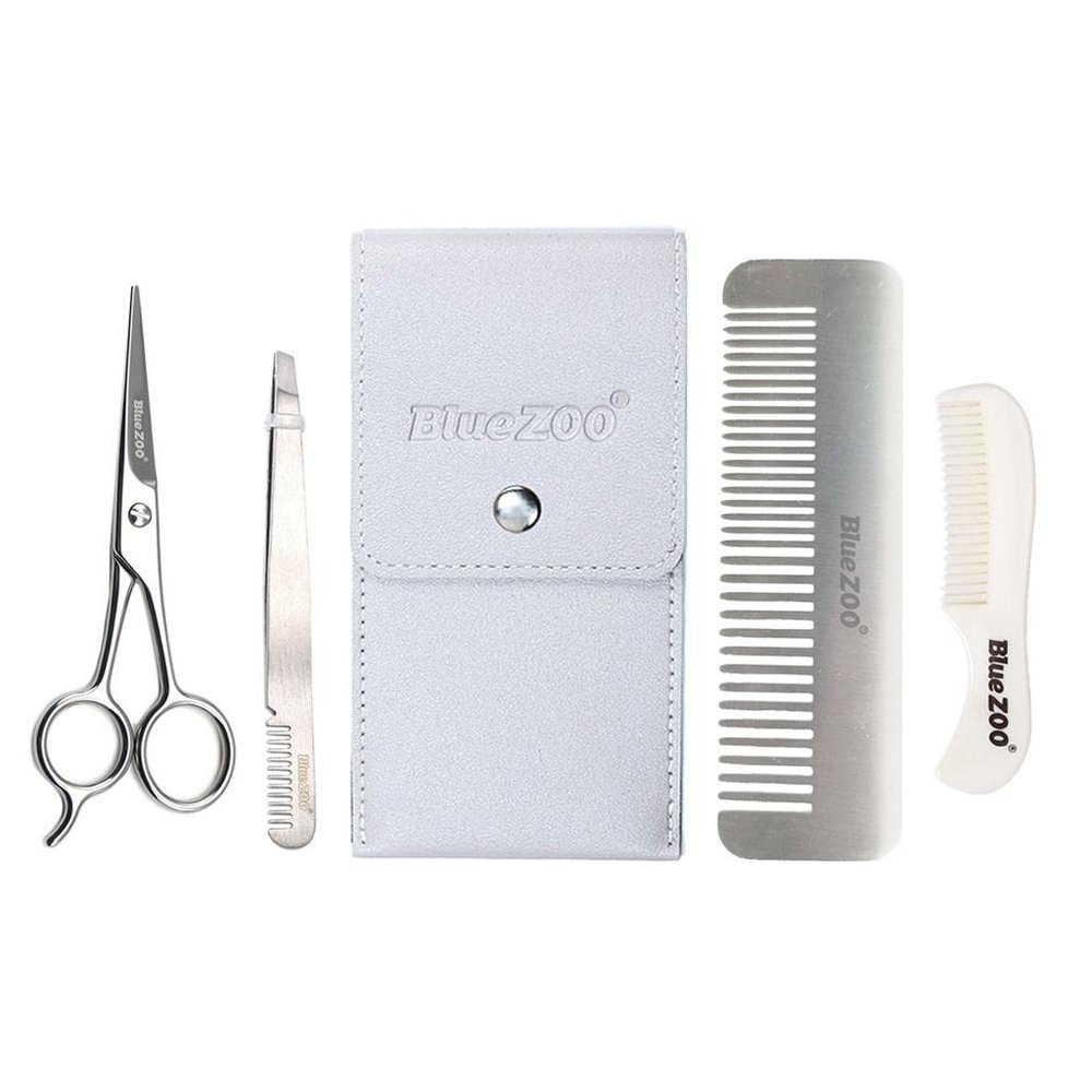 5 in 1 Beard Grooming Kit for Men with Bag, Pliers, Combs | Premium Beard Care Set with Scissors, Tweezer | Moustache Shaping Tool | Great Gift for Dad, Husband | Portable and