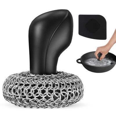 Purgreat Cast Iron Scrubber | Dish Scrub Brush | 316 Cast Iron Cleaner Chainmail Scrubber for Cast Iron Pan Skillet Cleaner - Dish Scouring Pad Dishwasher Safe Cleaning Kit, Black 01