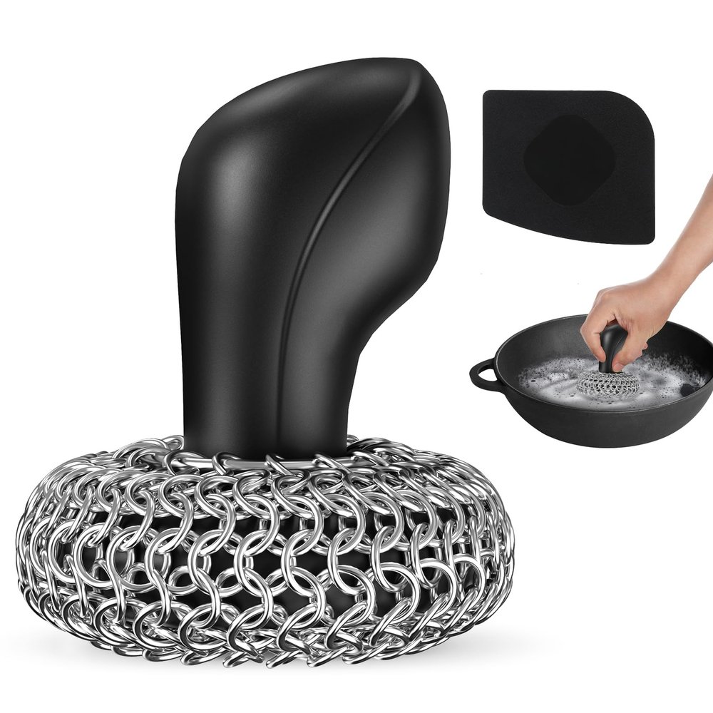 Purgreat Cast Iron Scrubber | Dish Scrub Brush | 316 Cast Iron Cleaner Chainmail Scrubber for Cast Iron Pan Skillet Cleaner - Dish Scouring Pad Dishwasher Safe Cleaning Kit, Black 01